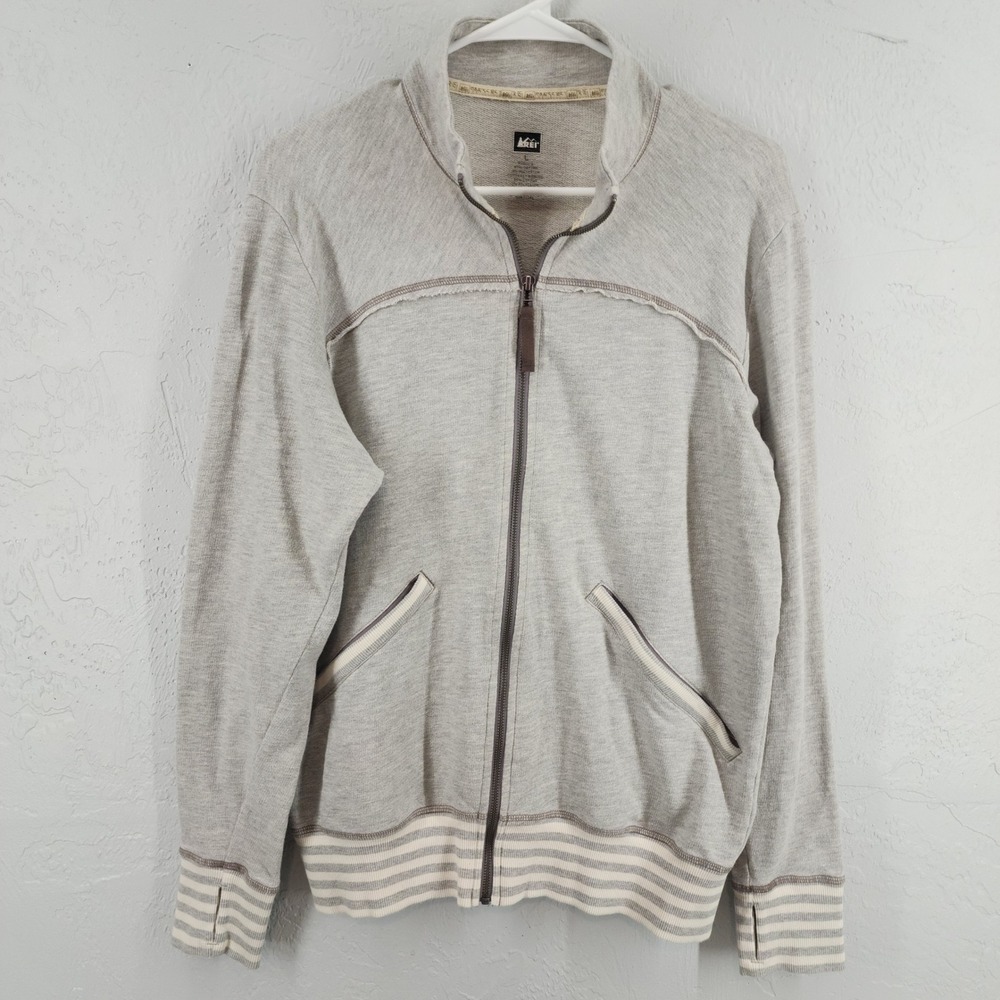 REI Large | Heather Gray Full Zip Mock Neck Striped Sweatshirt Yoga Jacket Mens
